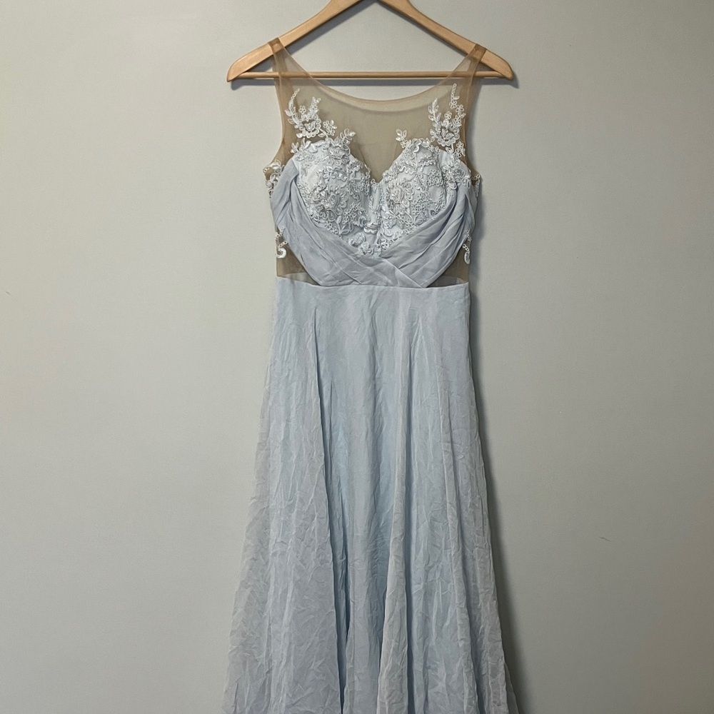 Marchesa Notte Delicate Light Blue Lace Nude Silk embellished Dress